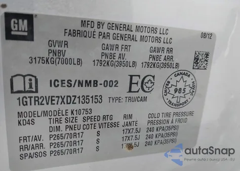 2013 GMC Sierra 1500 Sle z USA, uszkodzony, nr VIN 1GTR2VE7XDZ135153